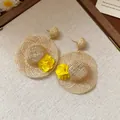 Bohemian straw hat earrings with yellow flowers and vintage woven details for beach vacations. - Straw Hat Shape Style (18#) / Silver Needle / Coffee/Yellow