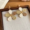 Handmade raffia woven flower drop earrings in beige and khaki for vacation style - Spliced Floral Style (67#) / Silver Needle / Light Coffee & Beige