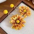 Bohemian yellow raffia flower drop earrings with golden hoops and rose stud - Rosette Style (48#) / Steel Earring Post / Yellow