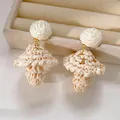 Handmade raffia woven mushroom drop earrings in cream white, bohemian holiday style - Mushroom Pendant Style (51#) / Silver Needle / Khaki
