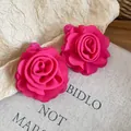 Fuchsia rose shaped raffia woven stud earrings for vintage vacation style - Rose Flower Style (41#) / Steel Earring Post / Rose Red