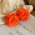 Handmade vibrant orange raffia woven rose flower stud earrings with vintage style - Raffia Woven Rose Flower (43#) / Steel Earring Post / Orange
