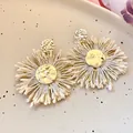 Bohemian vintage raffia woven flower drop earrings with golden hammered metal studs - Hammered Metal Sunflower Woven Style (83#) / Silver Needle / Khaki