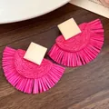 Bohemian style hand-woven pink raffia earrings with square wood studs for vacation - Wooden Stud Semicircle Tassel Style (73#) / Silver Needle / Rose Red