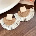 Bohemian handmade raffia woven fan drop earrings with square wood stud for women - Oval Woven Style (74#) / Silver Needle / Khaki-Brown