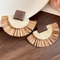 Vintage raffia woven fan-shaped drop earrings with square wooden studs - Square Woven Style (75#) / Silver Needle / Brown-Khaki