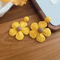 Vibrant yellow handmade raffia woven flower drop earrings for bohemian vacation style - Five-Petal Flower Style (84#) / Silver Needle / Yellow-Coffee