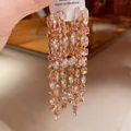 Primo piano dettagliato di eleganti orecchini a nappa lunga con cristalli rosa e chiari. - Perno in argento - Oro - Rosa