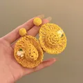 Handmade yellow raffia straw hat drop earrings with white flower details - Yellow Straw Hat Shape with Flower Style (21#)