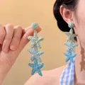 Handmade blue and green woven raffia starfish dangle earrings for stylish beach vacations - Three-layer Starfish Style (6#)