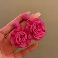 Large fuchsia raffia flower drop earrings with silver needles for seaside vacation. - Raffia Flower Style with Steel Post (23#)