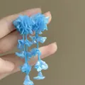 Blue organza flower dangle earrings with beaded tassels, sweet seaside holiday style. - Organza 3D Floral Style (28#)