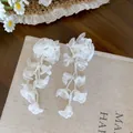 Elegant white raffia flower drop earrings for a sweet seaside holiday style - Chiffon Flower Beaded Style with Silver Earring Post (27#)