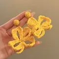 Bright yellow raffia woven flower pendant earrings for seaside beach resort style - Bright Yellow Woven Floral Style (15#)