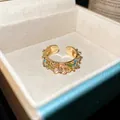 Vintage 18k gold plated open ring featuring colorful enamel flowers and shimmering crystals - Open Flower Ring (HR2920) / Gold-Pink