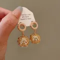 Vintage gold hollow-out ball stud earrings with pearls and silver needle - 35# Hollow Artificial Pearl Ball Style