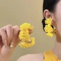 Elegant yellow fabric flower hoop earrings perfect for a sweet summer beach vacation look - Large Fabric Flower Style with Silver Earring Post (31#)