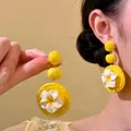 Handmade yellow raffia dangle earrings with white plumeria flower accents for beach style - Three-Layer Raffia Frangipani Style with Silver Earring Post (33#)