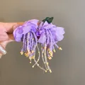 Close-up detail of purple fabric flower earrings with long beaded tassels and silver needles - Style 4# Translucent Gauze Petal Beaded Tassel