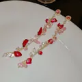 Elegante lange Silbernadelohrringe mit roten und rosa Kristall-Blütenblatt-Akzenten - 9# Kristallstein Quaste