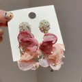 Elegant handmade floral tassel earrings with pink organza petals and pearl details - Style 43# Gradient Organza Flower Pearl Tassel