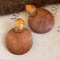 Macro detail of retro wooden round earrings featuring amber-colored resin studs. - Silver Earring Post Style / Coffee