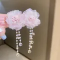Elegant pink fabric flower earrings with white pearl and crystal tassel drops - Style 56# 3D Gauze Flower Crystal Tassel
