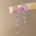 Elegant pink floral glass petal long tassel earrings with delicate 925 silver needles - Pink