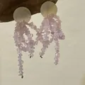 Detail of long tassel earrings with pink irregular stone chips and shell studs - 9# 925 Sterling Silver Earring Post Style