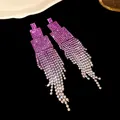 Elegant purple gradient tassel earrings featuring a geometric crystal encrusted design - 75# Silver Needle - Gold - Purple - Square