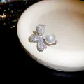 Vintage style silver open ring with zircon bow and elegant white pearl - Bow Pearl Style (WR271) / Silver