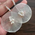 Elegant pearl tassel drop earrings with large translucent circular shell discs - Ear Hook (11#) / Silver-White