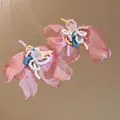 Handgefertigte rosa Stoffblumen-Ohrringe mit bunten Perlen für den Strandurlaub. - Rosa Organza Farbiger Perlenstil (42# Silberstift)