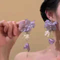 Elegant purple floral pearl tassel drop earrings in romantic forest style for women - 41# 925 Sterling Silver Earring Post Style