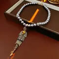 Vintage grijze parelketting met gelaagde barnsteenkristallen hanger in luxe stijl. - 74# Halsketting - Grijs