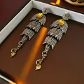 Prachtige vintage hangende oorbellen met gele druppelstenen en fonkelende strass - 75# Zilveren Naald - Antiek Goud - Champagne