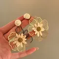 Handmade raffia and gold-tone metal flower dangle earrings in sweet vacation style - Style 10 (Silver Pin-Gold) / Khaki