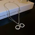 Double-layer silver necklace with pearl and crystal circular pendants for women - Silver Double Layer Round Style (2#)