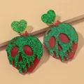 Glittery green poisoned apple skull earrings with heart stud for Halloween style - Red-Green (Poison Apple)