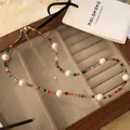 Vintage handmade colorful beaded necklace featuring large faux pearls and gold clasp - Colorful Beaded Style (15#)