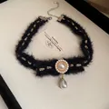 Elegant French vintage black fuzzy choker necklace featuring a teardrop pearl pendant - Black Fabric Teardrop Style (27#)
