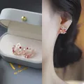 Elegant floral wreath stud earrings featuring shell flowers pearls and pink zircons in gold - Colorful Wreath (Style 26)
