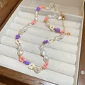 French retro style handmade colorful flower and pearl beaded necklace for women - Baroque Pearl Color Flower (48#)