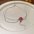 Elegant vintage French style pearl necklace featuring a red rose and heart crystal pendant. - Red Rose Gemstone Double Layer (49#)