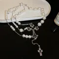 French vintage imitation pearl necklace with ornate silver cross pendant for women - Vintage Cross Pearl (61#)