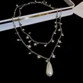 Double layer silver star necklace with an elegant teardrop faux pearl pendant - Star Teardrop Pearl Style (68#)