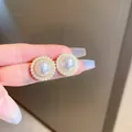Elegant Korean style gold-plated stud earrings with large center pearl and mini pearl halo - Gold & White Vintage (Style 51)