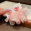 Exquisite pink fabric petal tassel earrings with glossy heart-shaped resin studs - Pink