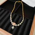 Elegant French vintage gold necklace featuring faux pearls and square shell pendant detail - Square Mother-of-Pearl Rhinestone (75#)