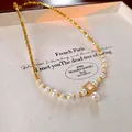 Elegant French vintage gold plated necklace featuring white faux pearls and a square stone pendant - Square Border Large Pearl (76#)